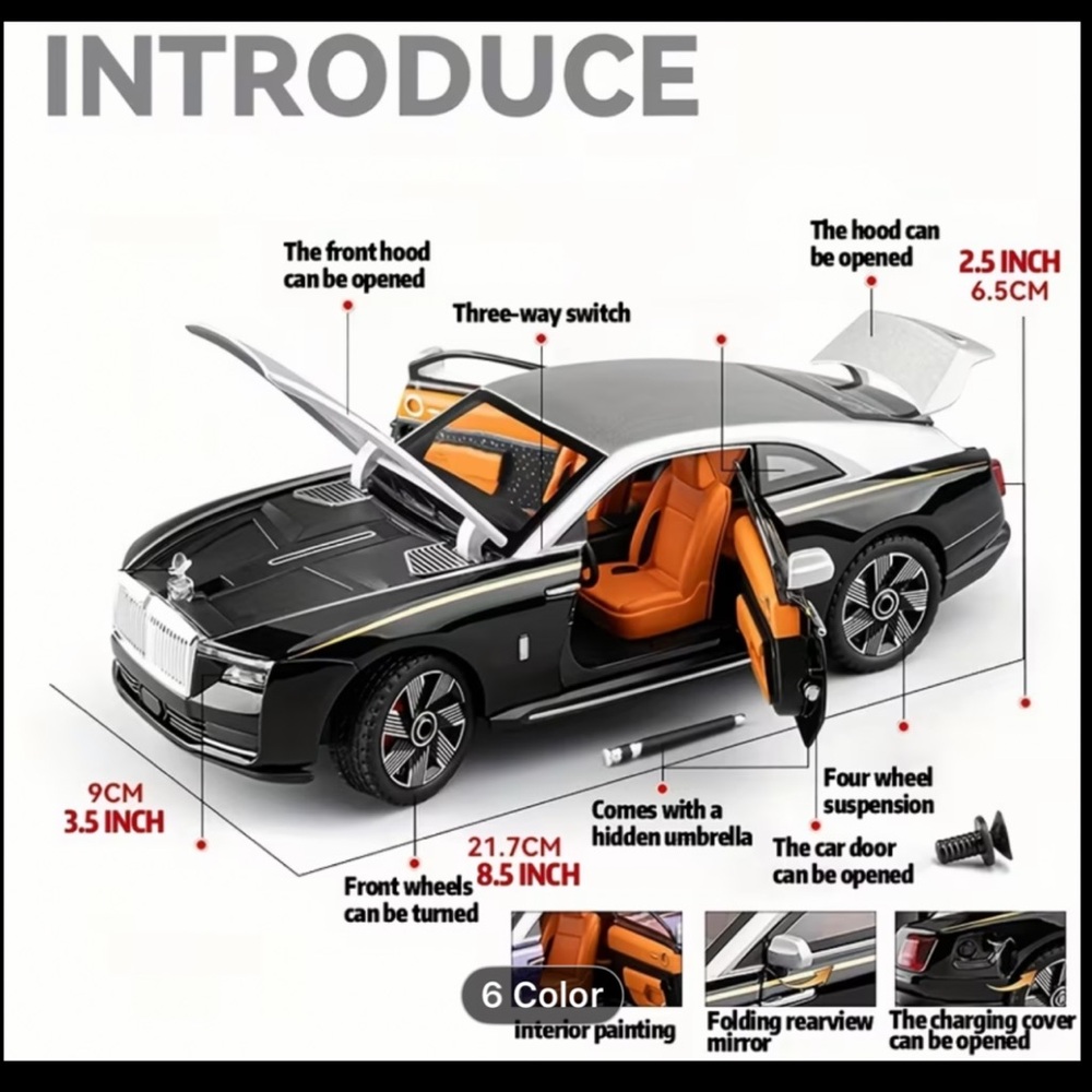 Sleek Black and Silver DIECAST SIZE 1:24 Scale ROLLS ROYCE SPECTRE w/Orange Int.